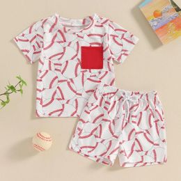Clothing Sets 2024-03-13 Lioraitiin Toddler Boys Summer Outfit Baseball Print Pocket Short Sleeve T-Shirts Top Elastic Waist Clothes Set