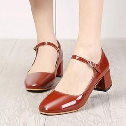 Dress Shoes 2024 Women Medium Heels Mary Janes Patent Leather Pumps Ankle Strap Ladies ShoeWomen