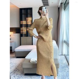 Work Dresses Miyake Pleated Suit For Women 2024 Autumn Solid Color Chinese Style Cheongsam Buttoned Top Skirt Two-piece Set