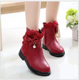 Boots Girls Ankle Lace Bow PU Leather Warm Kid Winter Plush For Big Children Shoes Solid Black Red Size 27-37