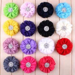 Decorative Flowers 5pcs/lot 6.5CM 15 Colours Born Chic Fabric For Children Accessories Artificial Chiffon Flower With Bling Rhinestone