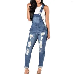 Women's Jeans Women Distressed Overalls Pencil Pants Denim Holes Pockets Jumpsuits High Street Mid Waist One Piece Washing Slim Fit