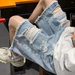 Men's Jeans Men Ripped Holes Shorts Summer Denim With Elastic Drawstring Waistband Pockets Casual Solid Color Wide Leg For A