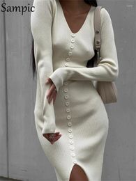 Casual Dresses Sampic Knitted Ribber V Neck Long Sleeve Midi Bodycon Dress Women Autumn Winter Button Split Sweater