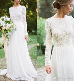 White Simple Bohemian Country Wedding Dresses With Long Sleeves Bateau Neck A Line Lace Applique Chiffon Boho Bridal Gowns Cheap4893427
