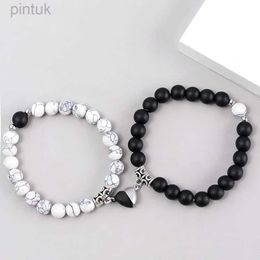 Chain 2pcs Couple Bracelet Heart Magnetic White Turquoise Beaded Jewellery Holiday Valentines Day Gift Jewellery Friendship Accessories d240419