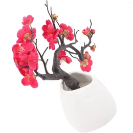 Decorative Flowers Artificial Plum Potted Plant Blossom Bonsai Decor With Ceramic Vase Fake Ornament Small Arrangement Office