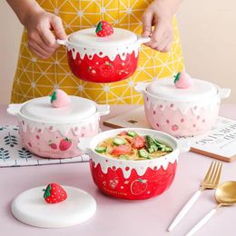 Bowls Cute Girl Heart Strawberry Noodle Bowl With Lid Double Ear Soup Rice Ceramic Tableware Large Capacity