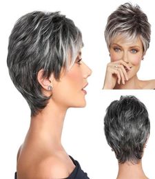 Kısa pixie kesim ombre gümüş gri peruklar doğal gri saç kısa düz tam wig6962784