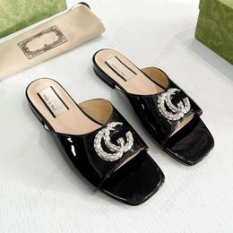 Designer luxury slippers low heels brand-name patent leather summer sandals leather fashion female black sexy double buckle crystal white brown