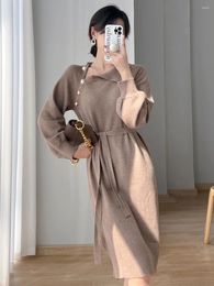 Casual Dresses Ladies 2024 Office Lady Elegant Golden Buttoned Knit Dress Long Sleeve Turtleneck Midi With Belt