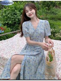 Casual Dresses Flower Print Long Cute Sweet Japan Girls Chic Korea Design Lace-Up Bow Robe Blue One-Piece Dress