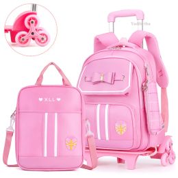 Bags 6 Wheels Removable Children School Bags for Girls School Backpack with Wheel Trolley Backpack Kids Lage Bag Travel Backpack