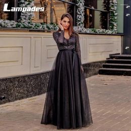 Party Dresses Long Black Evening Dress With Sleeves And V-neckline Sequins Tulle Floor Length Prom Vestido Luxo Para Festa De