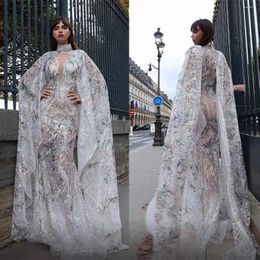 Party Dresses Sexy Shine 3D-Lace Mermaid Evening Cape Sleeve Fashion Lllusion Appliques Slim Fit Sweep Tail Prom Custom Made