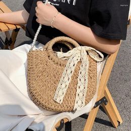 Shoulder Bags Straw Woven Women's Tote Bag Pearl Chain Handbags Semicircle Crossbody Female Summer Beach Weave Messenger Sac