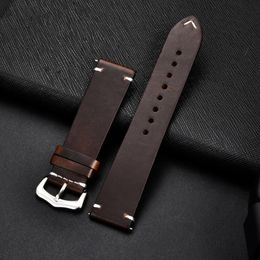 Retro Genuine Leather Strap Oil Wax Oily Discoloration Cowhide Leather Watchband 18 20 22 24mm High Quality Business Watch Band 240419