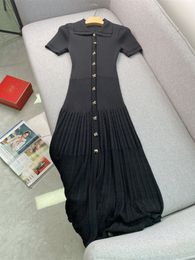 Spring Summer Black Solid Color Knitted Dress Short Sleeve Lapel Neck Buttons Single-Breasted Casual Dresses W4A184151