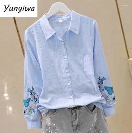 Women's Blouses Embroidery Shirt Simple White Blue Floral Women Tops Lapel Long Sleeve Blouse Casual Classic Clothes Button Up Shirts Cotton