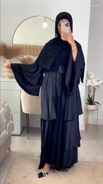 Ethnic Clothing Eid Satin Abaya Dubai Open Kimono Cardigan Kaftan Women Muslim Ruffle Flare Sleeve Party Dress Arabic Robe Marcain Gown