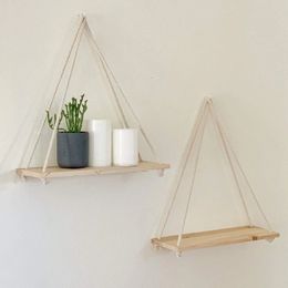 Wooden Rope Swing Wall Hanging Plant Flower Pot Tray Mounted Floating Wall Shelves Nordic Home Decoration Moredn Simple Design 240408