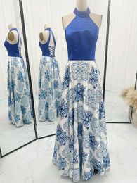 Party Dresses Blue Chinese Wind Printing Neck Back Tie Tiejian A -Shaped Evening Dress M1183