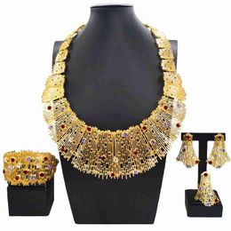 Pendant Necklaces Italian Gold Color Women Jewelry Set Luxury Wedding Party Necklace Earrings Hollow Bracelet Dubai Women Gift 240419