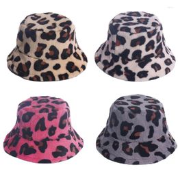 Berets Women Winter Warm Fuzzy Plush Bucket Hat Leopard Print Sunscreen Fisherman Drop