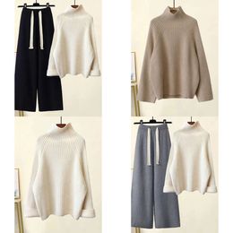 Two Women's Piece Pants Autumn Winter Warm Knitted Suit Women Long Sleeve Half Turtleneck Knitting Sweater and Wide Leg Sets Outer Wear Loose Set 231011