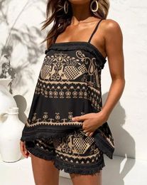 Women's Tracksuits Vintage Two Piece Ste Women 2024 Summer Square Neck Retro Tribal Print Tassel Trim Cami Top & Daily Vacation Beach Shorts