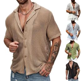 Men's Casual Shirts 2024 Summer Men Short Sleeve Breathable Beach Shirt Male Solid Tops Clothing Knitted Cardigan Knitwear