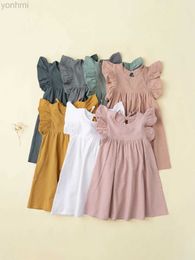 Girl's Dresses Baby Girls Flying Sleeve Dress Tie-back Overall Dress Cotton Kids Casual Clothes Summer 2024 d240423