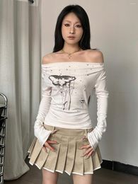 Women's T Shirts Pure Desire Style Off-Shoulder Long Sleeve Slim Butterfly Printed All-Matching Bottoming Shirt Sexy Crop Top Looking Youth