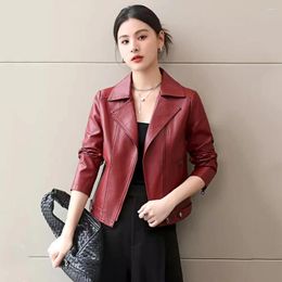 Women's Leather Women Spring Autumn Burgundy Jacket Fashion Suit Collar Long Sleeve Slim Sheepskin Split Casual Coat