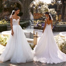 Elegant A-Line Wedding Dresses Capped Sleeve Lace Appliques Sequins Bridal Gowns Custom Made Backless Sweep Train Modern Wedding Dress