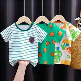 2024 Summer Children Cartoon Tshirt for Baby Boy Animal Printing Dinosaur Cat Boys T Shirt Girls Tops Tees Striped Kids Clothes 240409