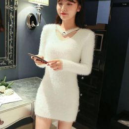 Casual Dresses Imitation Mink Sexy Skinny V-neck Sweater Dress Furry Sweaters Women Autumn Winter Elasticity Knit Bottoming Pullover