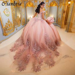 Rose Gold Spaghetti Strap Ball Gown Quinceanera Dresses 3D Flowers Appliques Lace Corset Vestidos De 15 Anos