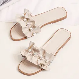 Slippers 2024 Summer Women 1cm Low Heels Pumps Vintage Luxury Elegant Pearl Open Toe Ruched Leather Prom Dress Oversized Shoes