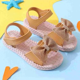 Sandals Girls Sandals Summer Sweet Cute Bowknot Princess Shoes Sandals Casual Comfortable Breathable Soft Bottom Beach Childrens Shoes 240419