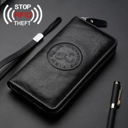Wallets Vintage Genuine Leather Wallets RFID Theft Protect Wallet Zipper Coin Pocket Passport Cover Long Purse for Men Card Holder 2021