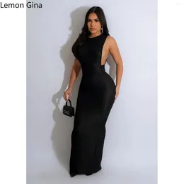 Casual Dresses Lemon Gina Women Open Side O-neck Sleeveless Bodycon Midi Maxi Dress 2024 Evening Sexy Party Club Long Vestidos