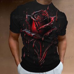 Men's T-Shirts Fashion Mens T-Shirt 3D Flower Print Short Slve Tops Strt Casual Rose T Shirt Strtwear Oversized T Shirt Men Clothing T240419