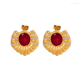 Stud Earrings Fashion Red Stone Gold Plated For Women Bridal Wedding Jewelry Party Accessories Gift