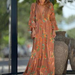 Casual Dresses Women's V-neck Flare Sleeves Bohemian Dress Elegant Cotton Linen Pleated 2024 Spring Summer Flower Print Long