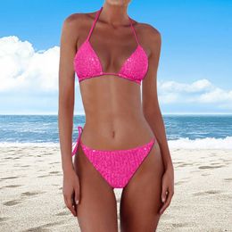 Sexy Three Points Strappy Bikini Swimsuit Set Summer Fashion Solid Colour Sequins Womens Two Piece 240416