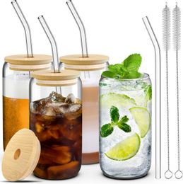 4 Glass Cups with Lids, Straws, and Brushes - 16 oz Drinking Cup Set with Bamboo Lids and Straws for Iced Coffee, Tumblers with Straw and Lid