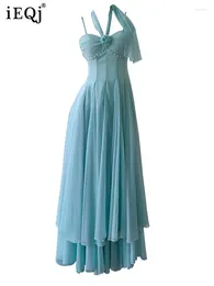 Casual Dresses Halter 3D Flower Design Pearl Pleated For Women Light Luxury Elegant High Waist Dress 2024 Clothing 3WQ7508