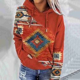 Ethnic Clothing Womens Casual Geometric Horse Print Long Sleeve Drawstring Pullover Tops Ethnic Style Hooded Sweatshirt d240419
