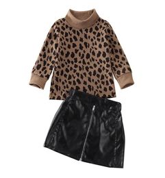2PCS Toddler Kids Baby Girl Clothes Set 15Y Leopard Print Pullover Tops Sweater Leather Mini Skirts Outfit Party Y20083128506103424